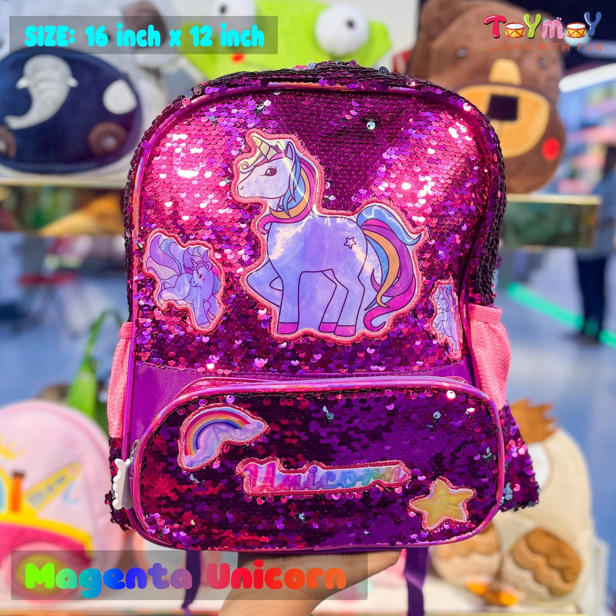 Magenta Unicorn-Multi Chamber Sequence Trendy Fashionable Waterproof  School Bags